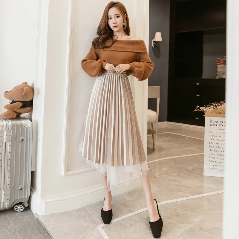 

2019 New Chic Autumn Winter Pleated Skirts Gauze Tulle +pleuche Both Sides Wear Women Pleated Skirts High Waist Long Skirts