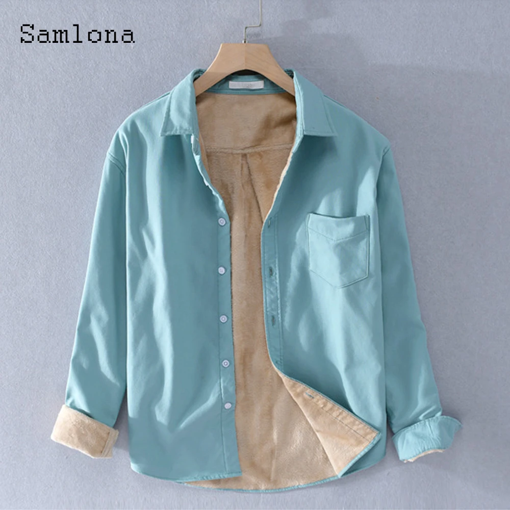 Samlona Plus Size Men Fashion Leisure Thick Plush Shirts blusas 2022 Winter Velvet Blouse Male Lepal Collar Basic Tops Outerwear