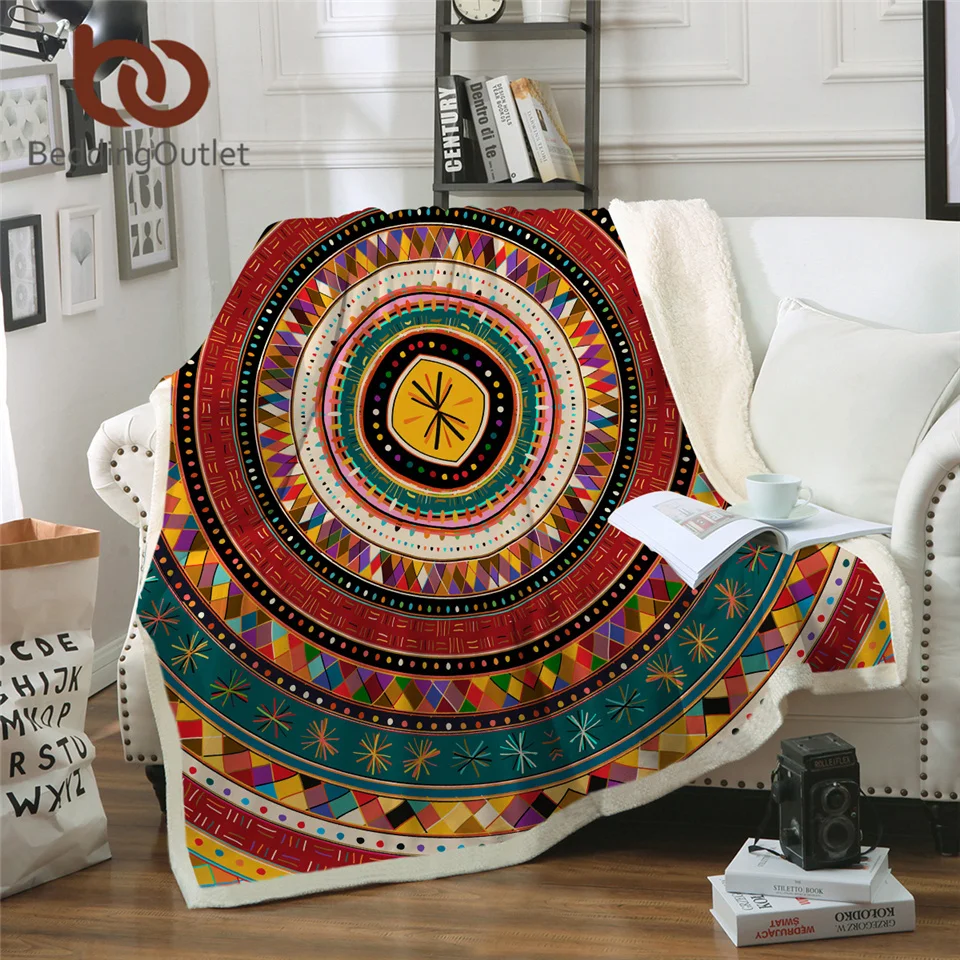 

BeddingOutlet Aztec Plush Bedspread African Blankets For Beds Folkloric Tribe Circles Sherpa Blanket Geometric Colorful Bedding
