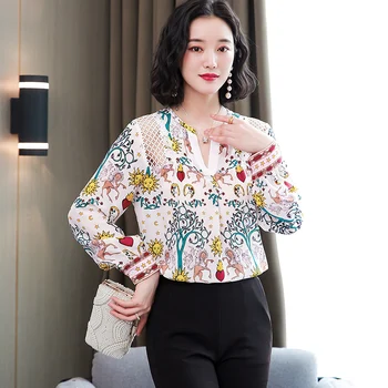 

COIGARSAM Print Shirt Womens tops New Spring Lace Patchwork Women shirts 8216