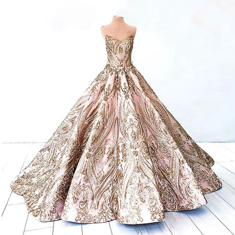 

Long Sparkly Evening Dress 2019 Puffy Ball Gown Sweerheart Rose Gold Sequin Arabic Dubai Women Party Formal Gown