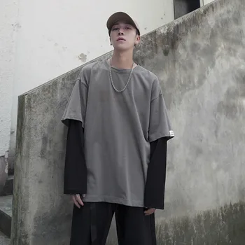 

UYUK2019 Autumn Loose Casual Trend Fake Two-piece Stitching Solid Color Round Neck Pullover Hoodies Streetwear Hip Hop