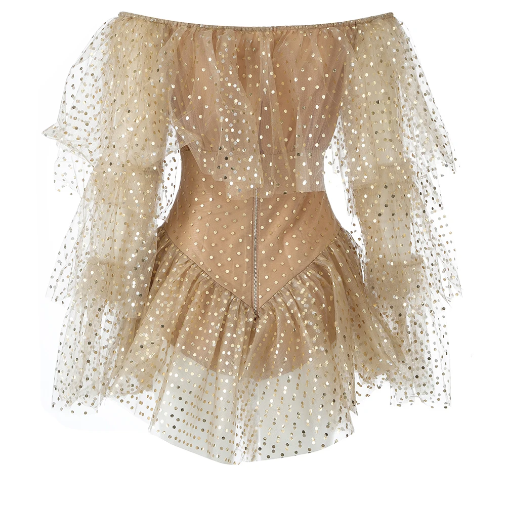 Khaki Sexy Mini Summer Dress Mesh Long Butterfly Sleeve Cascading Ruffle Fashion Slash Neck Club Womens Dress 2020 Top Quality