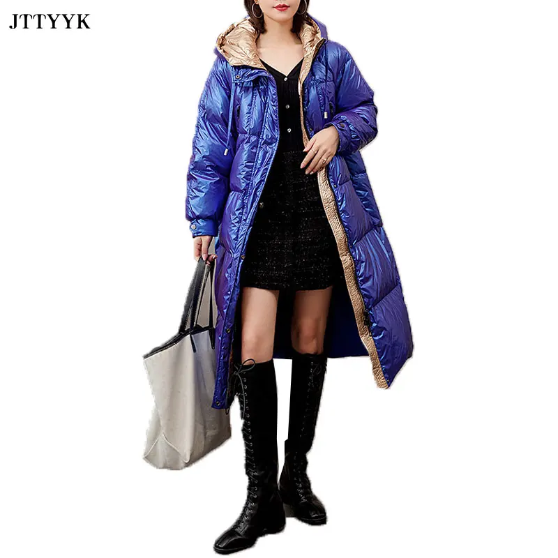 

2020 New Glossy Long Down Jacket Womens Loose Casual Jacket Hooded White Duck Down Coat Women Thick Warm Winter Feather Jackets