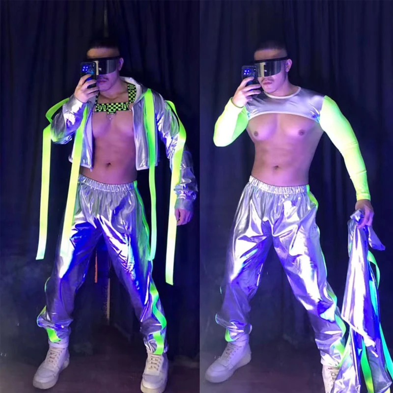 Technologie Silber Laser Set Männer sexy Pole Gogo Kostüm Nachtclub Bar DJ  fluor zierende Outfit reflektierende Kapuze Jacke Hose xs2669 - AliExpress