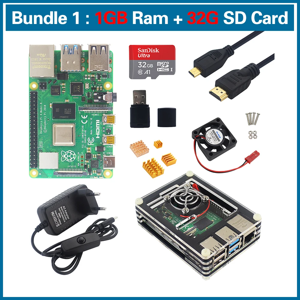 Робот Raspberry Pi 4 Модель B комплект 1G 2G 4G ram 2,4G и 5G WiFi Bluetooth 5,0+ Micro HDMI+ чехол+ блок питания+ 32GB SD RPI4 - Цвет: Bundle 1