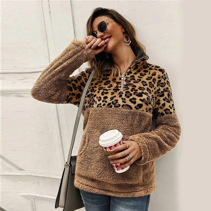 SHEIN фланелевый контрастный Леопардовый свитер на молнии с плюшевой подкладкой, пуловер для женщин на осень и зиму, повседневные толстовки с воротником-стойкой