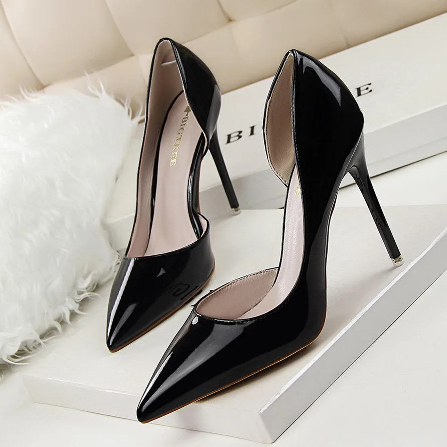 Летние женские туфли на высоком каблуке, Простые открытые туфли на каблуке, модные пикантные туфли из лакированной кожи на тонком каблуке с острым носком, размер 34, G638-5 - Цвет: Черный