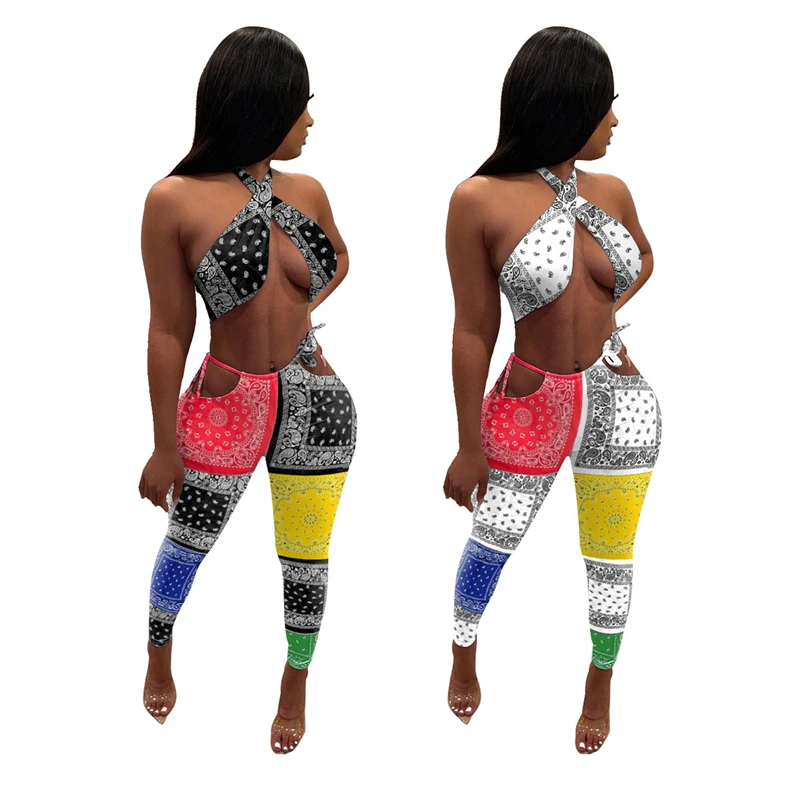 

Bandana Paisley Print Two Piece Set For Women 2021 Summer Sleeveless Halter Crop Top And Patchwork Long Leggings Nightclub Sui