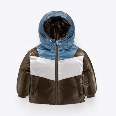 Детская куртка на пуху; Одежда для мальчиков и девочек, Цвет Блокировка блестящая поверхность плотные полупальто верхняя одежда детское пальто с капюшоном и пальто B367