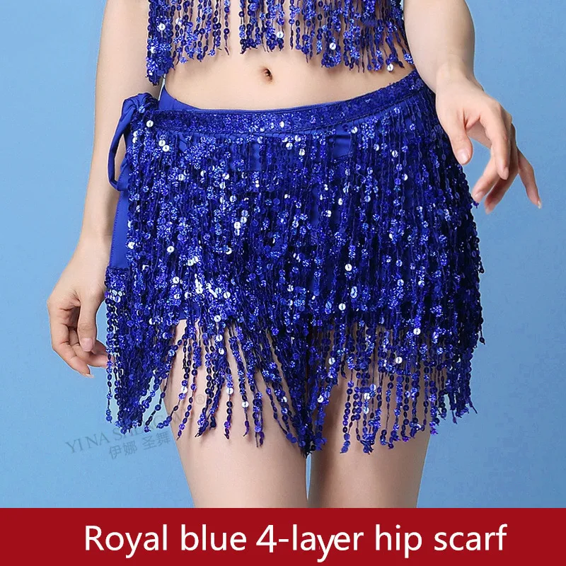 Royal blue 4-layer Женская юбка для латинского танца живота аксессуары-кисточки побрякушки ремни для танца живота хип шарф с блестками пояс для танца живота хип шарф - Цвет: Royal blue 4-layer