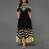 Women Scoop Neck Dress Half Sleeve female elegant vintage floral printed a line pocket Black maxi dresses robe prom dresses ► Photo 3/5
