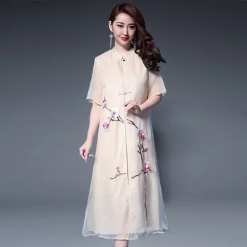 

2020 Summer New Arrival Women 100% Silk Dress Embroidery Loose Chinese National Style Ethical Two-pieces Dress Set Plus Size