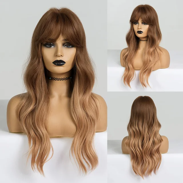EASIHAIR Long Dark Brown Women's Wigs with Bangs Water Wave Heat Resistant Synthetic Wigs for Black Women African American Hair LC256-1