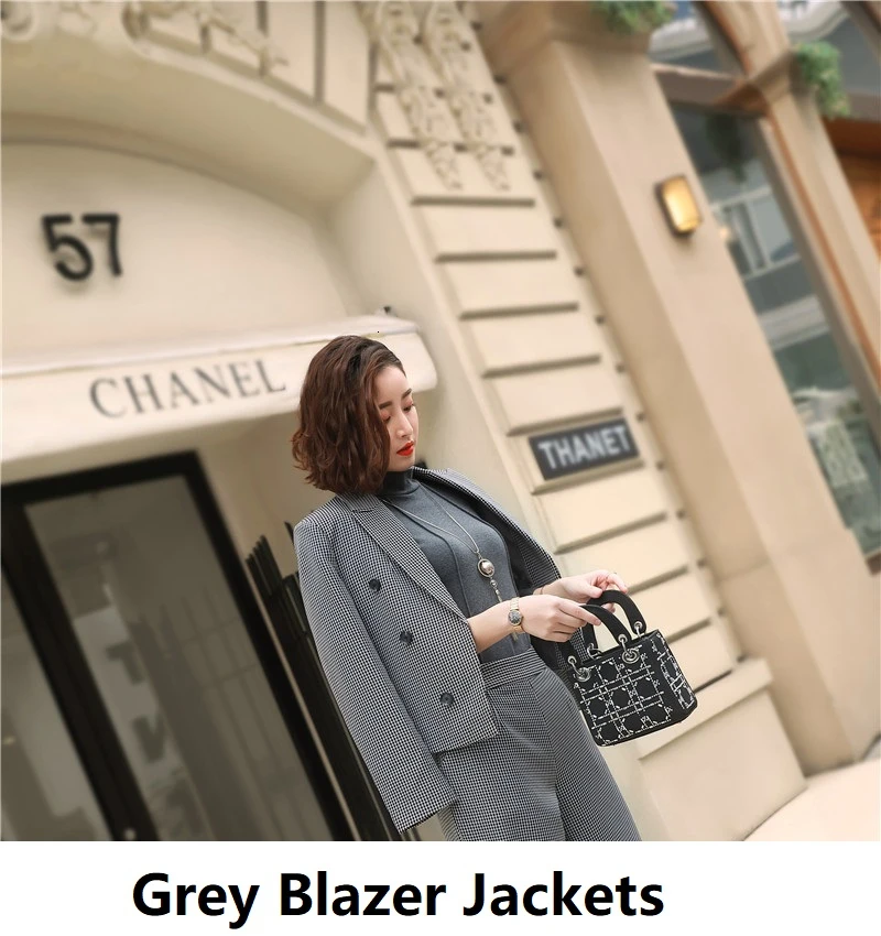 Grey Blazer Coat Новинка, розовая формальная форма, дизайнерские женские деловые костюмы с широкими штанинами, брюки и куртки, пальто, женские OL стили, Блейзер, брючные костюмы - Цвет: Grey Blazer Coat