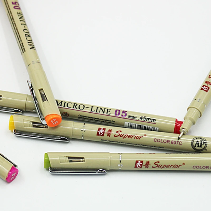 Set 6 Penne Multiliner A Punta Fine Per Disegno Tecnico, Manga E Illustrazione - Impermeabili, Punta 0.20 A 0.55 Mm + Pennello