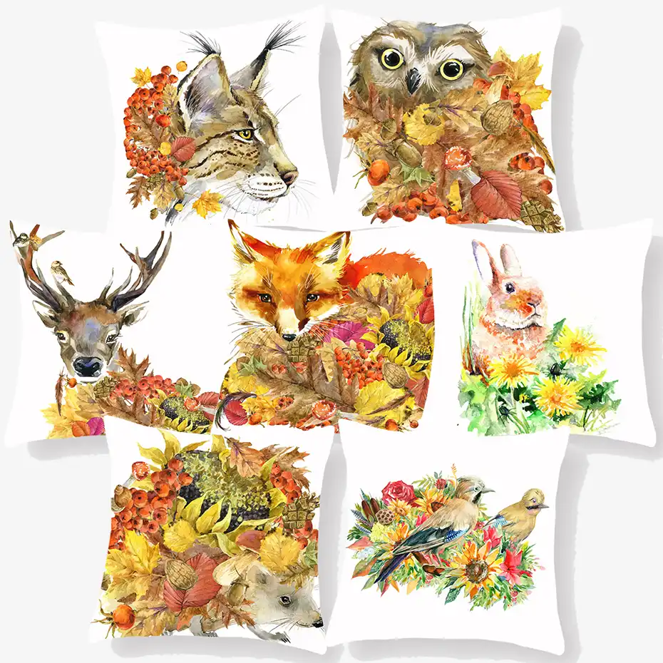 Suluboya Boyama Hayvanlar Sonbahar Hasat Minder Ortusu S Tavsan