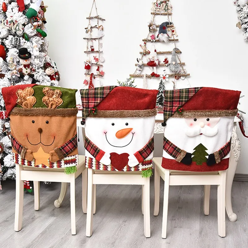 

Santa Snowman Elk Chair Covers Christmas Decor Dinner Chair Xmas Cap Sets Dinner Table Hat Chair Back Covers