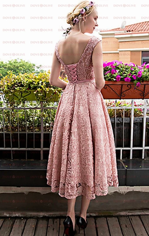 Pink Prom Dresses Lace with Beaded Cap Sleeve A Line Tea Length 2021 Evening Formal Party Gowns Simple vestido de fiesta de noch silver prom dresses