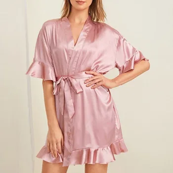

Sweet Night Robes Summer Pajamas Women Flare Sleeve Falbala Simulation Silk Nightgown Ladies Sexy Home Nightgown Clothings