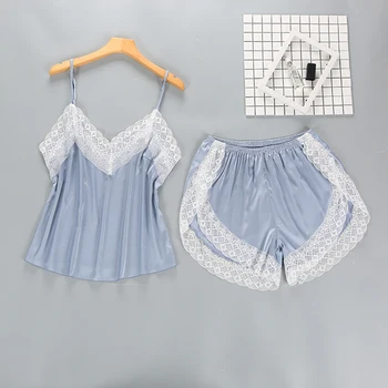 

Ladies Sexy Lace Suspenders Shorts Pajama Suit Home Wear High Grade Silk Velvety Breathable Lounge Negligee Tempting Pajamas