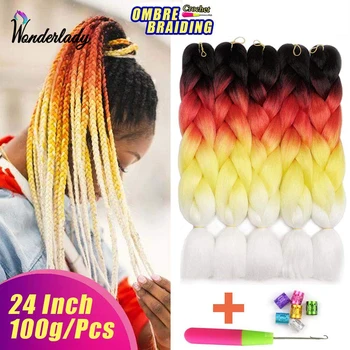 

WonderLady Jumbo Box Braids Crochet Twist Synthetic Braiding Hair Extensions 100g 24inch Ombre Blonde Brown Purple Yaki Straight