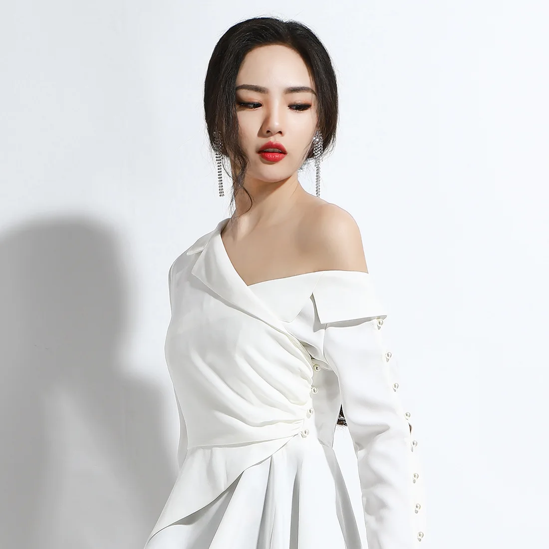 

2019 Autumn New Style Fashion Europe And America WOMEN'S Dress Elegant Sloping Shoulder Waist Hugging Slimming Long Sleeve Irreg