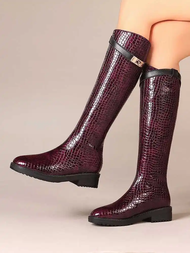 Luxury brand new winter thigh high boots women riding boots stone pattern metal buckle keep warm knight boots zapatos de mujer