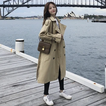

Brand New Long Trench Coat Women Double Breasted with Belt Flaps Turn-down Collar Loose Cloak Lady Duster Coat Female Outerwear
