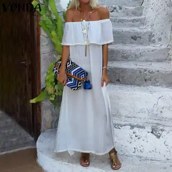 

VONDA Summer Strapless Solid Color Dress 2020 Women Sexy Off Shoulder Party Long Beach Sundress Plus Size 5XL Bohemian Vestidos