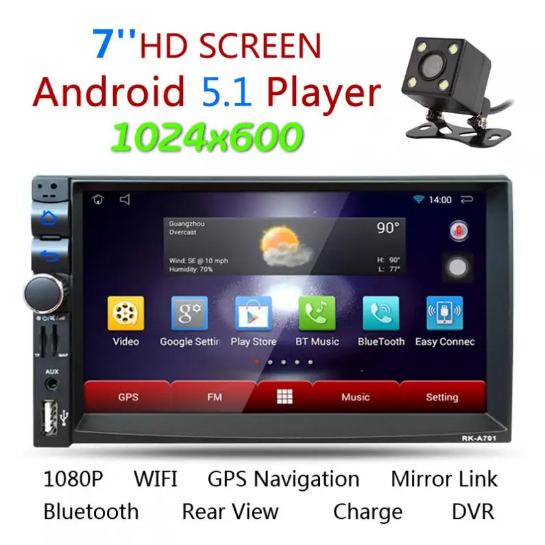 7 дюймов Android 5,1 2Din Bluetooth автомобильное радио плеер цифрового Сенсорный экран 1024x600 gps навигация+ Ночное Видение заднего вида Камера