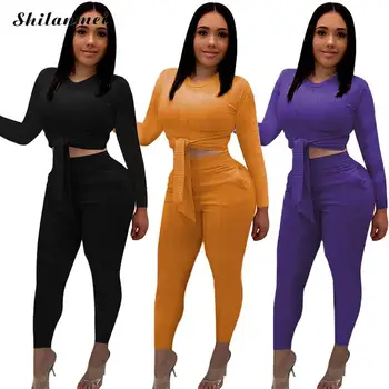 

Two Pieces Sets Women Autumn Casual Tracksuit Sexy Bandage Crop Tops & Skinny Pants Ribbed Knitted Women Outfits 2 Pieces Sets