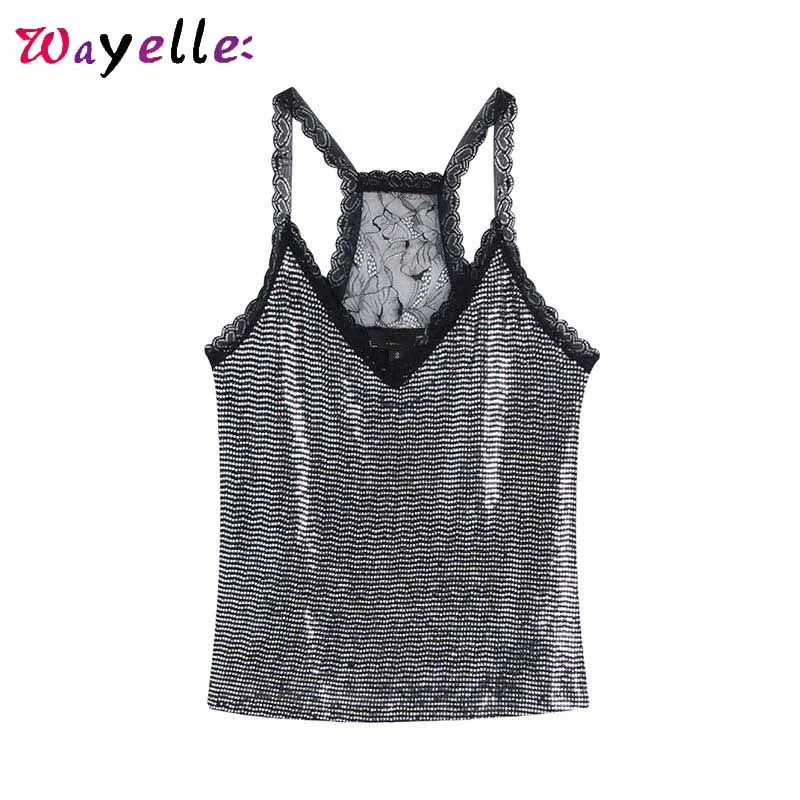 Sequin Womens Tops Sexy Shinny V-Neck Sleeveless Camis Lace Patchwork Elastic Women Tops basic classic Solid Chic Women Tops