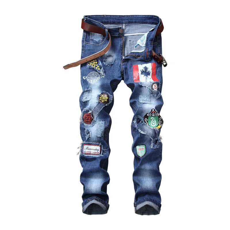 

New men's jeans European and American slim fitting straight tube elastic stick badge perforated men's trousers