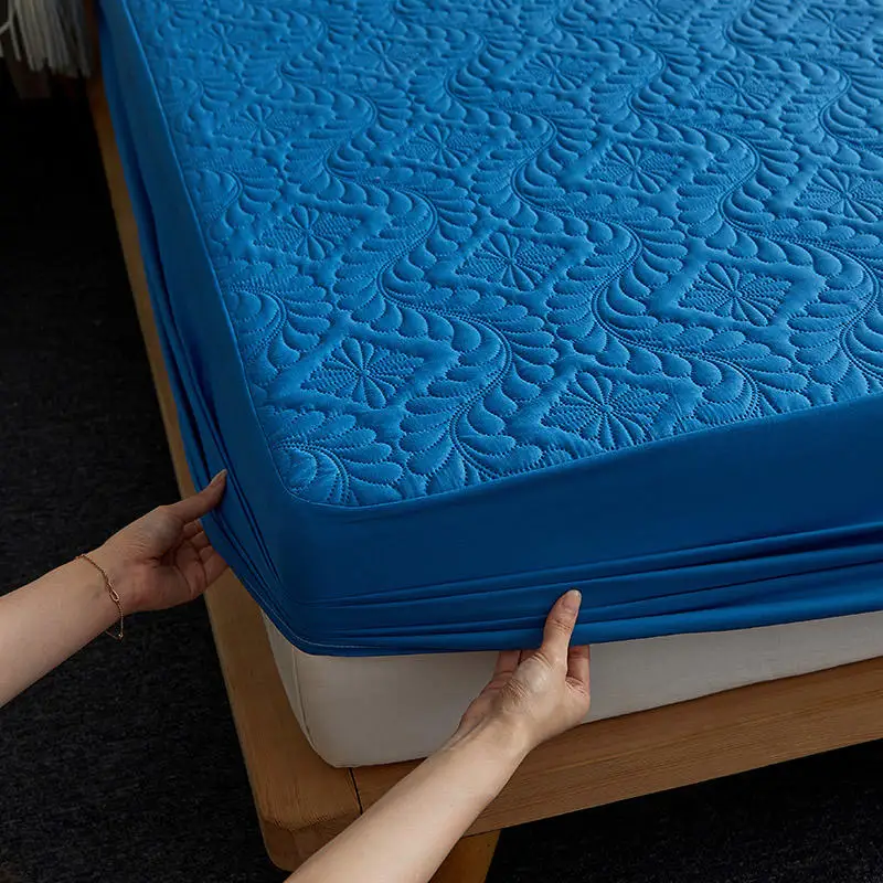 Bonenjoy Quilted Waterproof Fitted Sheet With Elastic Queen King Size Mattress Cover Solid Color
