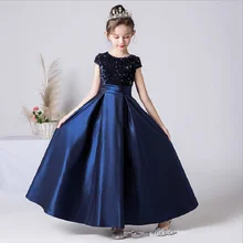 Satin Sequin Girl Dresses Sashes Bow Formal Princess Gown Party Dress For Kids Girls First Communion Birthday Navy