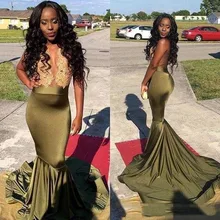 

2022 Sexy Long Prom Dresses Deep V neck Sleeveless Lace Top Stretch Satin Floor Length Black Girl Mermaid African Evening Dresse