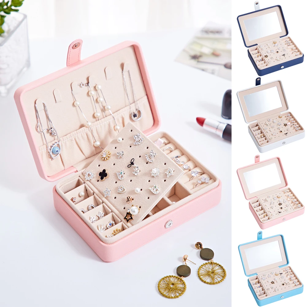 Portable Snap Button 2 Style Mirror&Hook Up Jewelry Organization Box Velvet Ring Box Tray Storage Rings Display Case Storage Box
