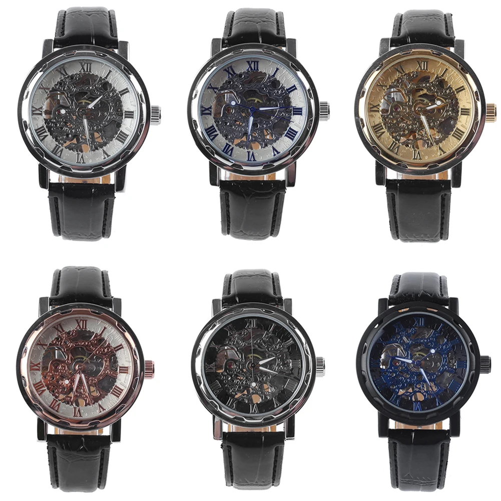 Men Top Faux Leather Band Roman Numerals Hand-Wind Mechanical Watches Waterproof Sports Army Automatic Skeleton Men Watch reloj