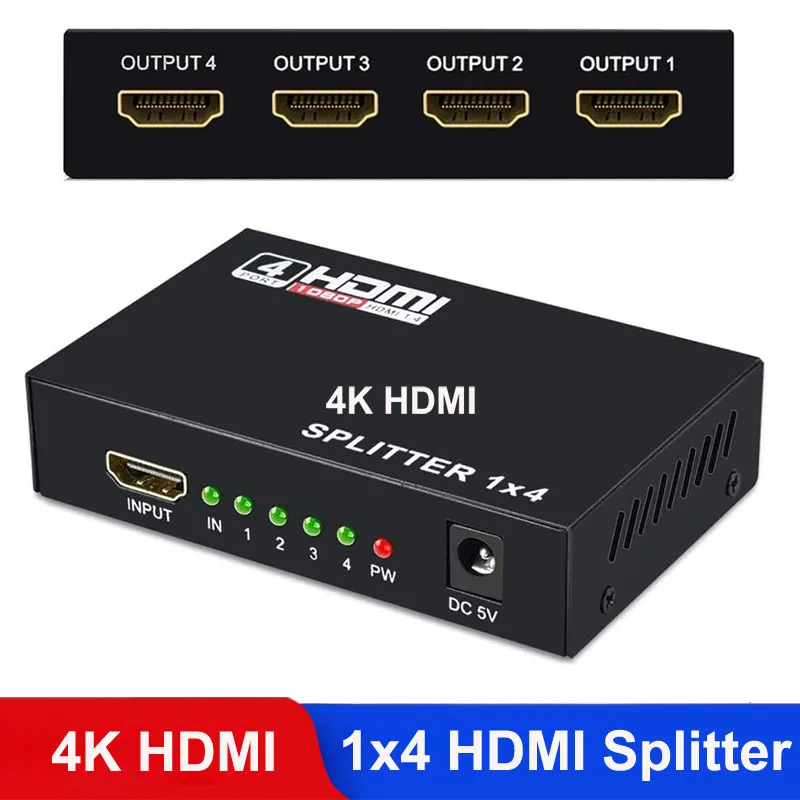 

Oppselve HDMI Splitter 1 in 4 Out 4K 3D Full HD 1080p Video HDMI Switch Switcher 1X4 4 Display For HDTV DVD PS3 Xbox AC Adapter