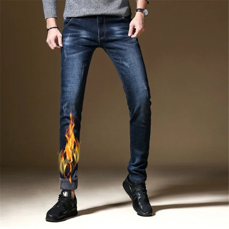 Winter Thermal Warm Stretch Jeans Mens Winter Quality Famous Brand Fleece Pants Men Straight Flocking Trousers Jeans Male