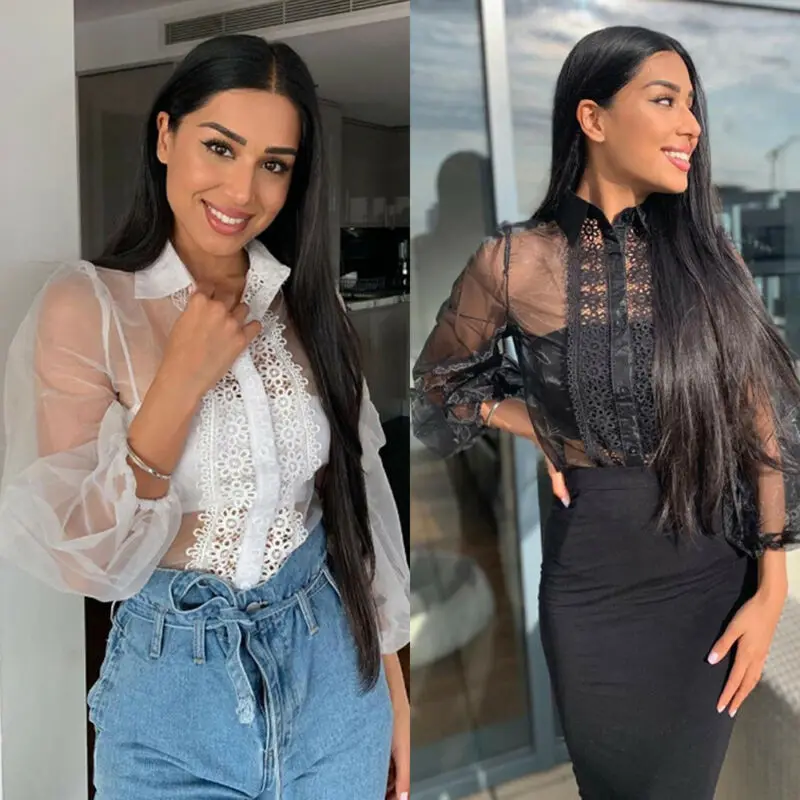

See-through Mesh Sheer Silk Blouse Front Lace Buttons Up Puff Sleeve Shirts Tops Women Summer Transparent Bikini Cover Up