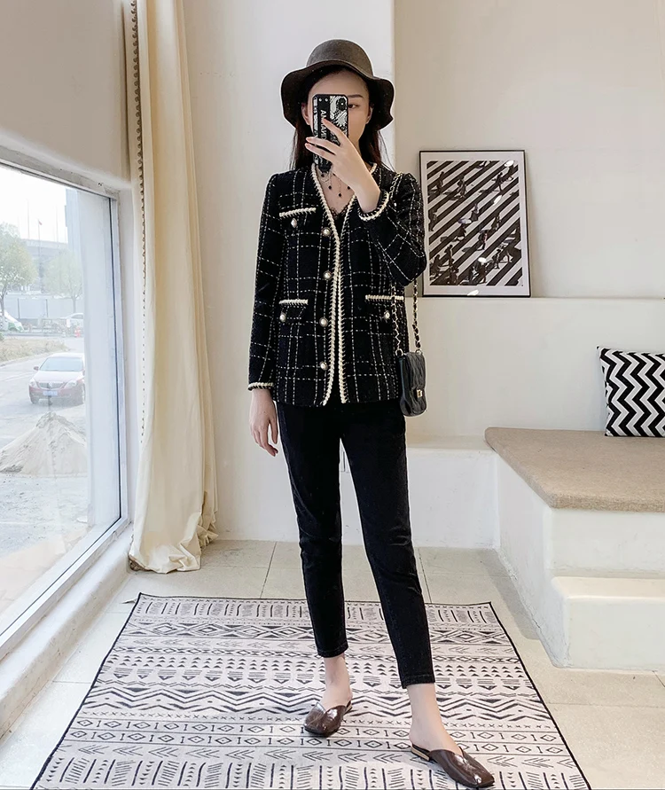 New  Autumn Winter Tweed Coat 2019 Fashion Women's Small Fragrance Long Sleeve Wool Coat Vintage Cardiga