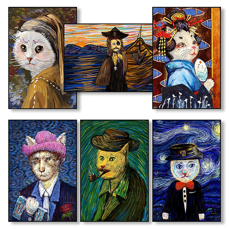 Van Gogh Art Cat Animal Cartoon Posters And Prints Abstract Canvas Painting  Wall Art Pictures For Living Room Cuadros Home Decor - Painting &  Calligraphy - AliExpress