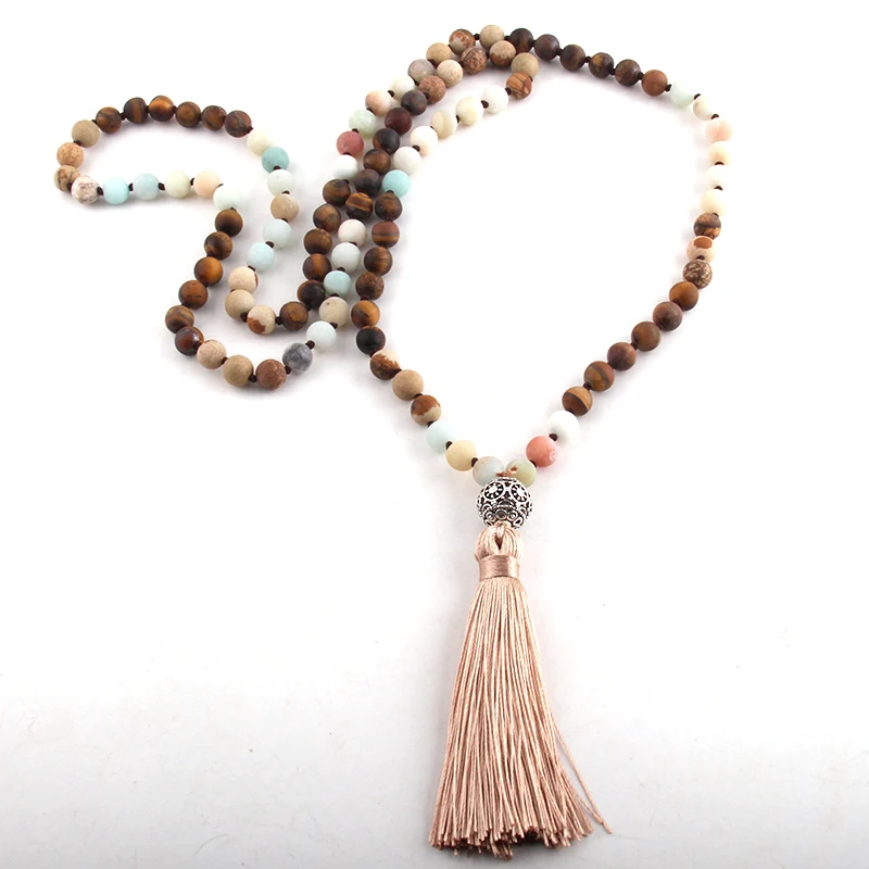 Fashion Bohemian Tribal Jewelry 108 Beads Necklace 8MM Natural Stone Tassel Yoga Necklace For Women Lariat Necklaces