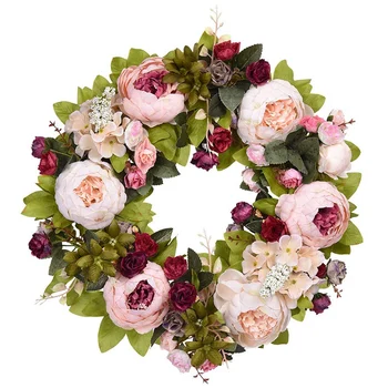 

Artificial Peony Flower Wreath, 15.7 Inch Silk Peony Flower Door Wreath with Green Leaves, Vintage Blooming Peony Wreath for Fro