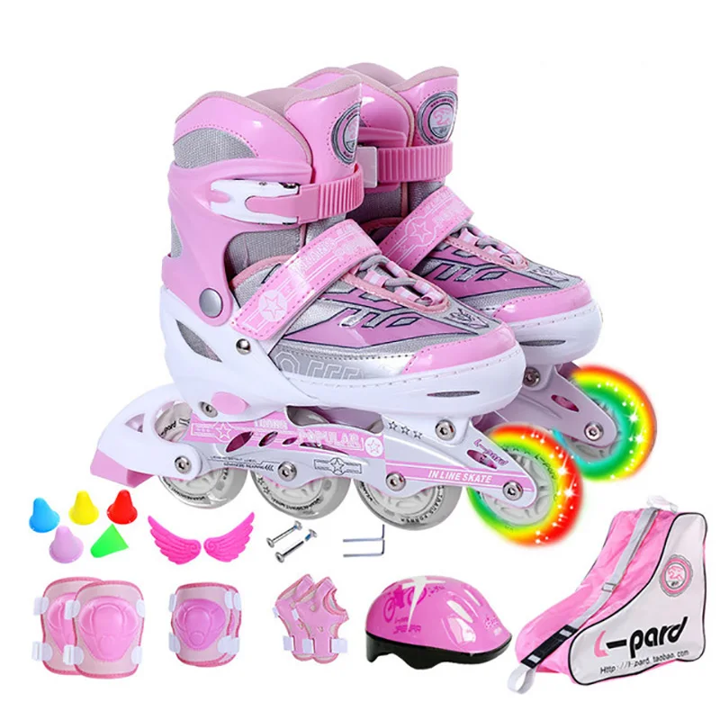 Pink set EUR 31-34 Дети ребенок из ПУ-сетки, подшипники для роликовых Инлайн Коньков обувь для роликов, скейтборда шлем коленей Шестерни Регулируемый Моющиеся жесткий светящиеся колеса для подростков - Цвет: Pink set EUR 31-34