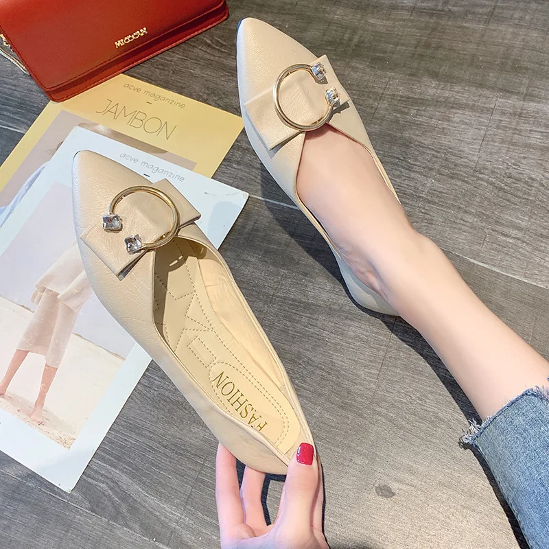 

2019 Autumn New Style Korean-style Pointed-Toe Bow Fashion Square Buckle Man-made Diamond Flat Anti-slip Foot Covering Shallow M
