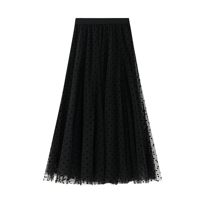 OHRYIYIE Autumn Winter Black Polka Dot Tulle Skirts Women 2023 New Casual Elastic High Waist A-line Skirt Female Mesh Mid Skirt
