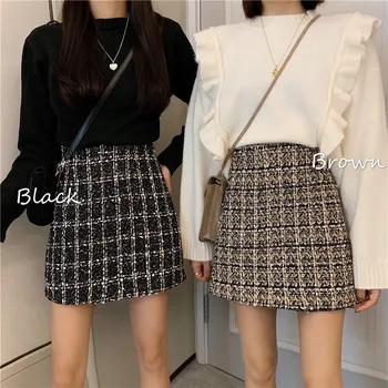 

New Women Plaid A-line Simple Skirts Above Knee Tweed Skirt Female Vintage Short Skirts Bottoms For Girls Autumn Winter KK8279